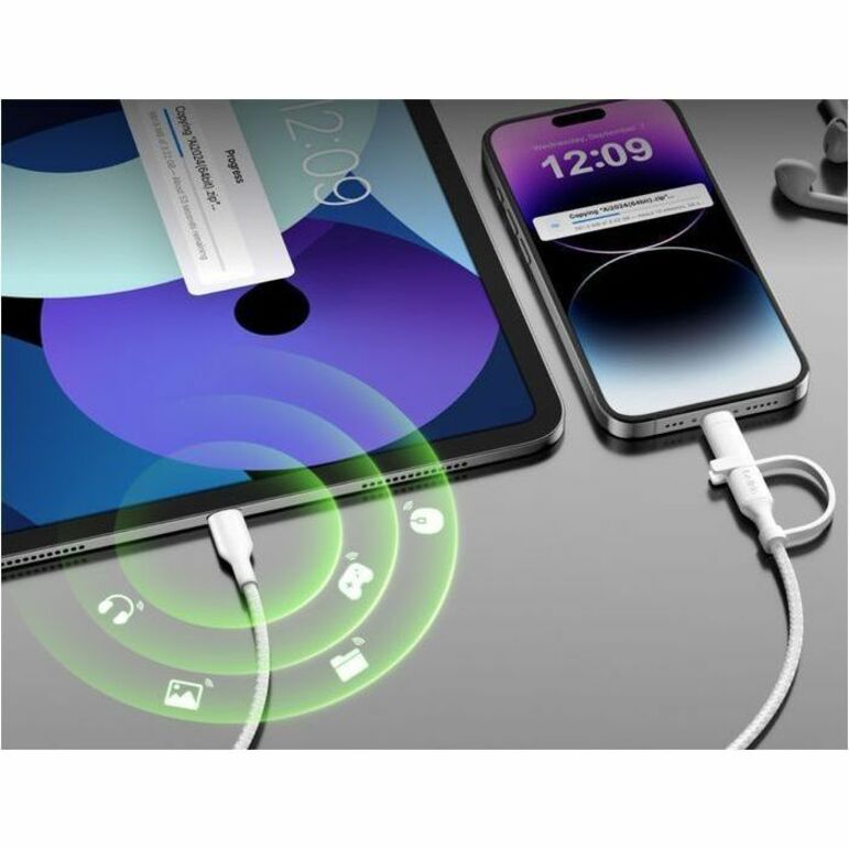 Belkin 60W 2-in-1 USB-C to USB-C and Lightning Cable - 480 Mbps - Braided - M/M - 5ft/1.5m - White - CAC003fq1.5MWH