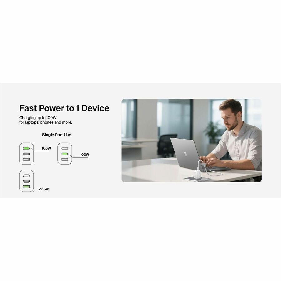 Belkin 100W GaN 3-Port USB Wall Charger - 1xUSB-A, 2xUSB-C - Foldable Prongs - Power Adapter - White - WCH016dqWH