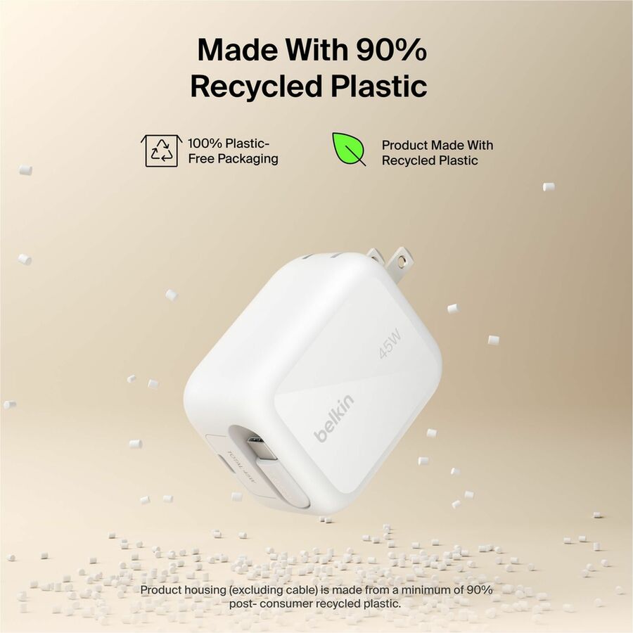 Belkin UltraCharge Retractable GaN Wall Charger 45W, White - WCH023dqWH