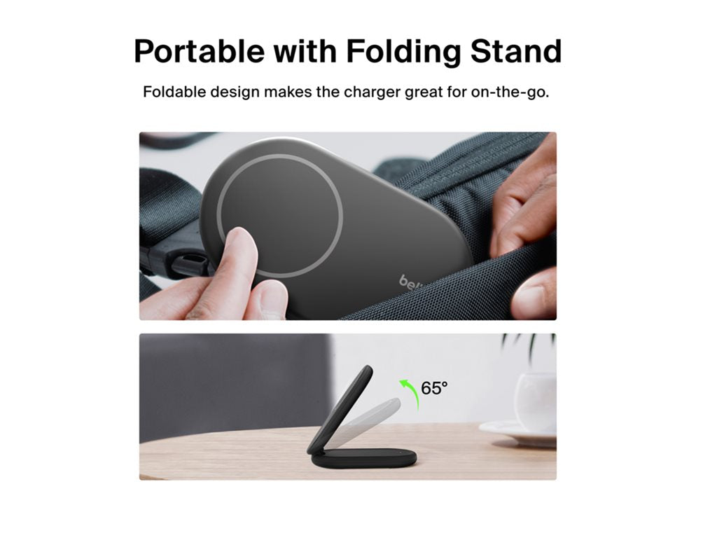 Belkin BoostCharge - Wireless charging stand - magnetic, foldable, with Qi2 + AC power adapter - 15 Watt - 3 A - Fast Charge, WIB007TTBK